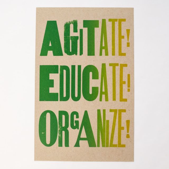 Reprinted the Agitate! Educate! Organize! letterpress broadside posters last night. They are available again in my shop. Link in bio. 💚

#entangledrootspress #printmaking #letterpress #letterpressbroadside #woodtype #agite #educate #organize #radicalprintmaking #entangledroots #typeset