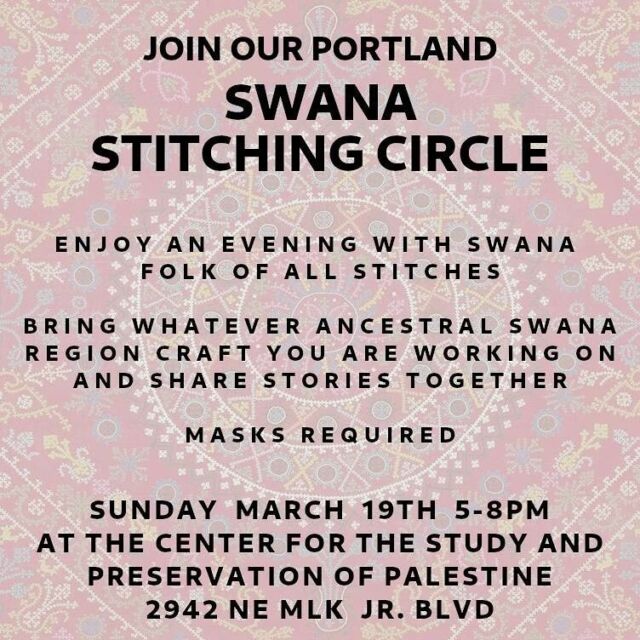 Open to all SWANA folx and stitching styles from the region. We’d love to focus on ancestral craft practice, but all needle crafts are welcome. 

This is not a class,  but if you need resources for basic stitching info feel free to contact us. All levels of experience welcome! We’ll help each other along as necessary. 

Please bring a good mask (kn95 or higher quality) and we’ll have some on hand if you forget. 
Email us with any questions @ pdxswanasitch@gmail.com 

We’ll serve tea too!

This event is for SWANA (Southwest Asia and North Africa folx) only.

Please feel free to share widely in your circles! 

Organized by 
@entangledrootspress + 
@bint.bandora
@impinsandimneedles w @cspp.pdx 
Flyer by 
@entangledrootspress 

🪡🧿♥️🌹☕️
Reposted from @impinsandimneedles