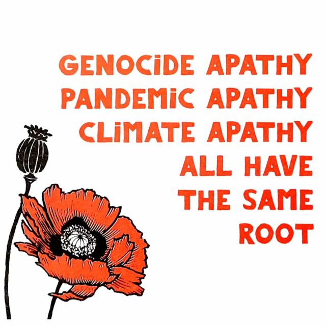 Our liberation is interwoven. Recognizing and understanding that oppression and apathy have the same root will allow all of us to bloom. Genocide apathy, pandemic apathy, climate apathy all have the same root. Genocide, pandemic and climate apathy are all tools of white supremacy that support ethnic cleansing, racism, eugenics and lacks climate emergency awareness, disability justice and a liberation praxis.  It’s difficult to recognize fascism since we often believe it will arrive selling tyranny, while in reality it arrives selling normalcy, comfort and convenience. When we sacrifice comforts that uphold unjust and oppressive systems it may feel like we are losing something, but in reality we are creating more space to connect with each other, the land and another world. Another world is possible.

P.s. the pandemic isn't over. Please practice what you say and mask up.
 

“During the coming period, our primary job will be to build community, to create community … in ways that allow us to understand that the work that we do now does matter, even if we cannot see in an immediate sense the consequences of the work we are doing. It will matter eventually.” -Angela Davis

Risograph print