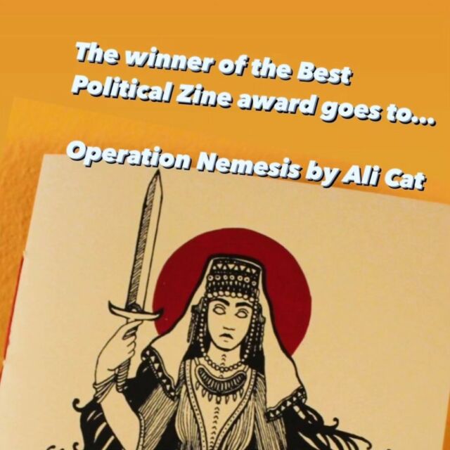 My zine, Operation Nemesis, won best political zine at the @brokenpencilmag zine awards a couple of days ago. I found out I was nominated to the shortlist out of over 200 submissions back at the beginning of December. 

Any  post about anything other than the atrocities we are witnessing feels so unimportant right now. I was asked to create a 30-60 second video introducing myself/my zine to be shown at the awards ceremony as I would not be flying to Torononto to attend. What I ended up sharing was how this is a story of people taking justice into their own hands. 

As then, as now, people want justice. The people want liberation. When calls for peace just equate to a return to normal, no wonder people reject the trappings of a ceasefire. Ceasefire is between two armies, two equal forces, a liberal bothsides-ism. Yes, we want the murder to stop, it has to stop, but we don't stop there. Not until we see an end to the occupation. When my loved ones can return home or visit a free land that their ancestors were forced from. 

I want to say thank you to @rimo_skyo for sharing the call to apply and for their constant support, @t.edward.bak for their guidance in creating this in their Non-Fiction Graphic Novels class, and to my aunt, great cousin and other elders for sharing more about our family story. 

1. Found out I won via @brokenpencilmag stories as I was busy during the live stream
2. Cover is a two layer screenprint and the whole thing is hand bound with linen thread
3-5. Some excerpts
6. My version of the goddess Nemesis wearing traditional Armenian taraz (clothing)
7. Myself dressing in taraz in Gyumri, Armenia this past summer
8. Quote by one of the members of Operation Nemesis during his trial
9. The video I did to be presented at the zine awards