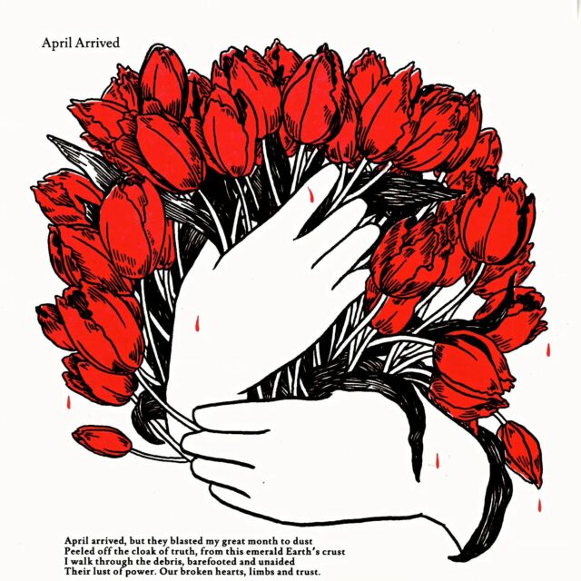 I was honored to be asked to create an illustration to accompany a poem by Kashmiri poet @jaleeshyder jan. 

Their work is striking and poignant. 

Jalees shared "this poem 'April Arrived' contrasts the natural beauty of the month of April with the indefinite gory atmosphere in Kashir. It is said that in the days of yore, April was deemed a harbinger of glory and prosperity after a drawn out winter. But since Kashmir was occupied, April is just another month of woe and grief for the people. Although the surroundings greet people with different colors: there's just one hue that reigns supreme - the red of blood."

The month of April carries with it the memories of the beginning of our own bloody story as we gather yearly on April 24th to remember the genocide committed in Anatolia. 

These prints will be available this Sunday April 14th at @swanarosepdx during the @vegansyrianpdx pop up, along with other upcoming fundraising events. Follow @jaleeshyder for a chance to see them share their poetry locally. Prints are $20 and 100% of sales after printing costs go to fundraisers supporting Palestinians fleeing from Gaza. If you are not local dm me to purchase one to support. 

Long live the resistance. May we see an end to occupation everywhere, from Palestine to Kashmir.