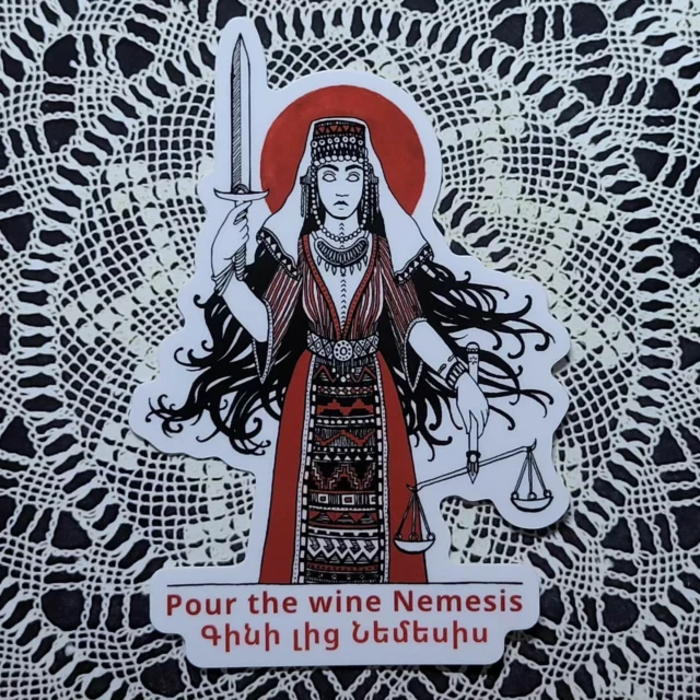 New stickers from past illustrations/prints

Nemesis, goddess of divine retribution, after which Operation Nemesis was named, wearing taraz (Armenian traditional dress) with the revolutionary folk song gini lits (pour the wine) 

Our Promise print featuring fedayee from Palestine, Kurdistan and Armenia (left to right) with the regional term of endearment "I would die for you" in each respective language.

We are stronger together.
Thank you @saturnstickers

🍷🌹🔻